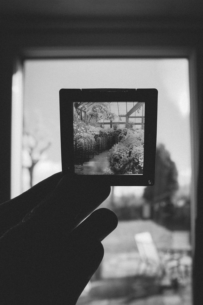 our-story-02 A black and white photo of a garden slide held against a window backdrop.